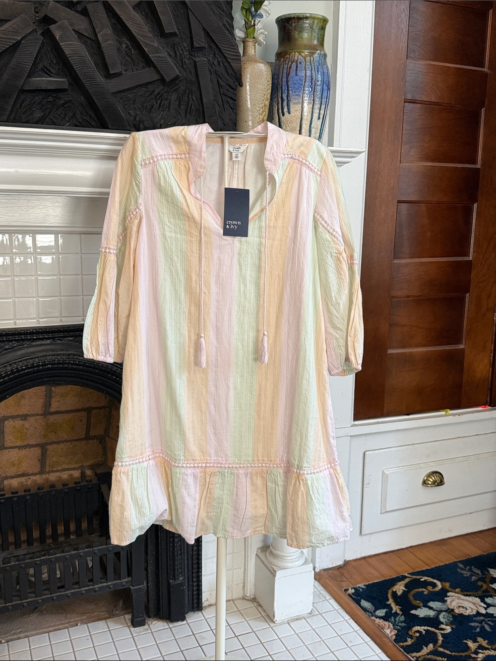 crown & ivy Pastel striped  Ruffle-Hem shift  Dress- NWT. Retail 79.50